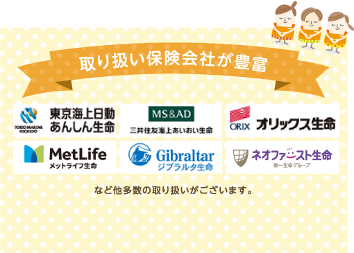 取扱保険会社が豊富です。 東京海上日動あんしん生命, 三井住友海上あいおい,オリックス生命,メットライフ生命,ジブラルタ生命,ネオファースト生命 など多数の取り扱いがございます。